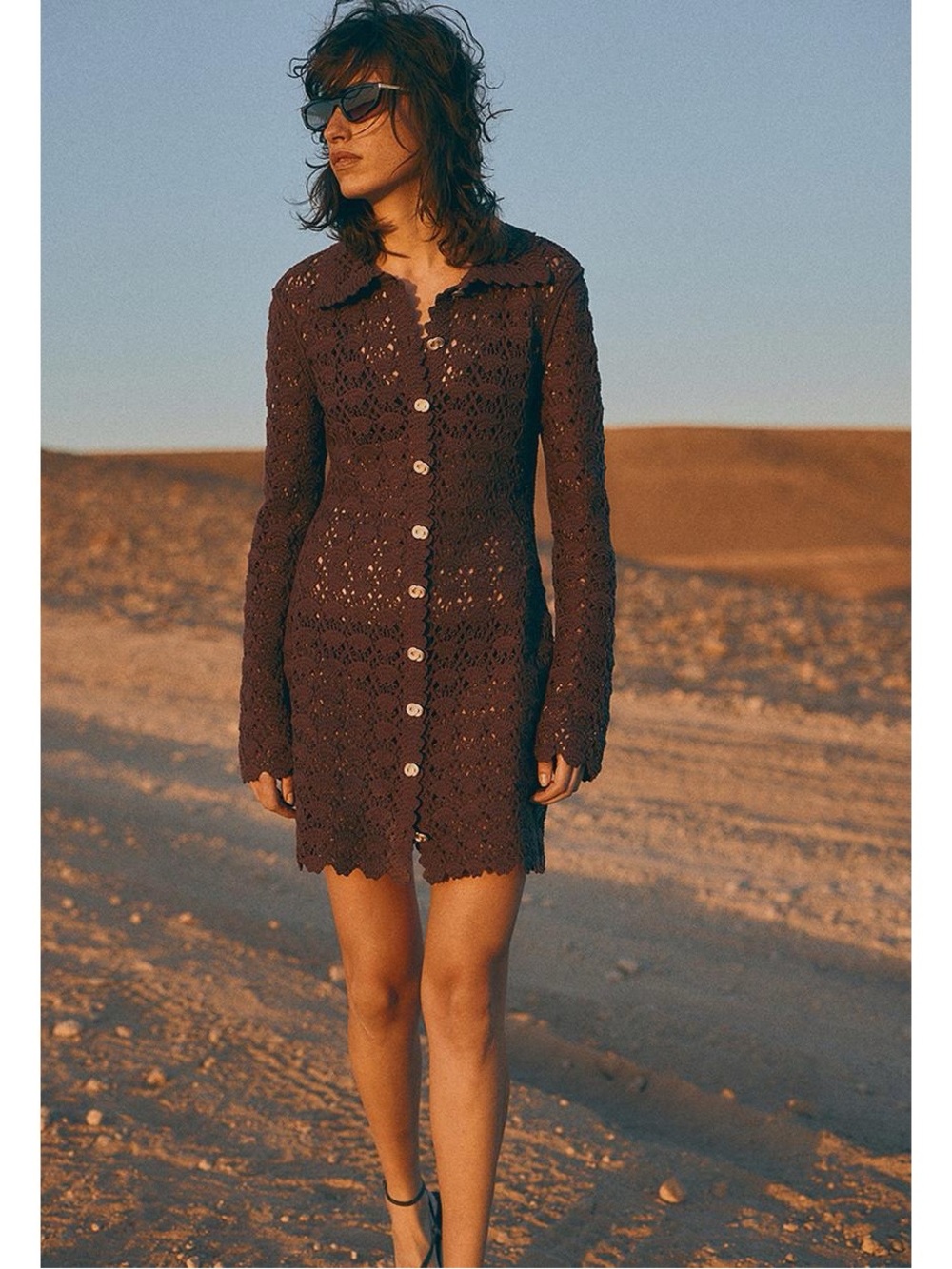 H&M Edition Crochet-Look Shirt Dress in Dark Brown Size S